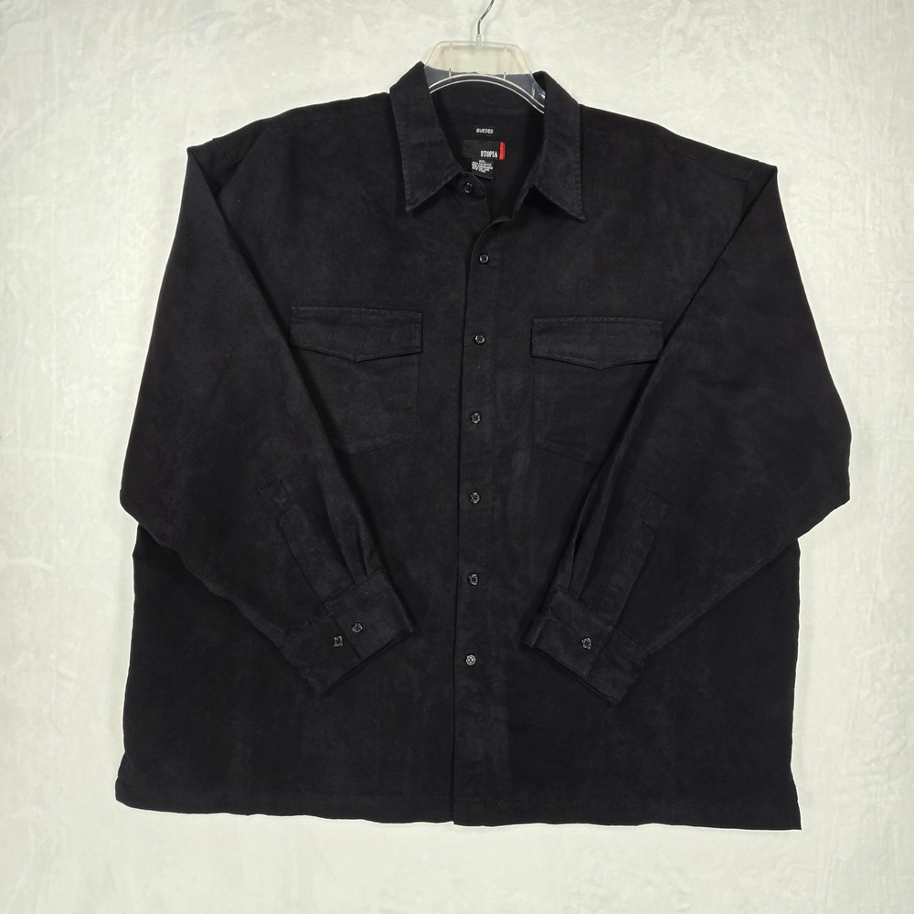 Utopia Mens XXL Black Sueded Long Sleeve Button Down Shirt Faux Suede Pockets